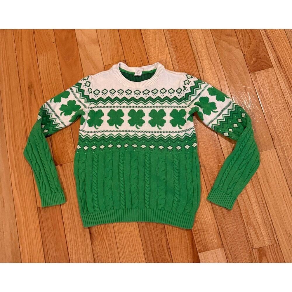 Gymboree Sweater Girls Size 10 Green Shamrock Fair Isle Cable Knit